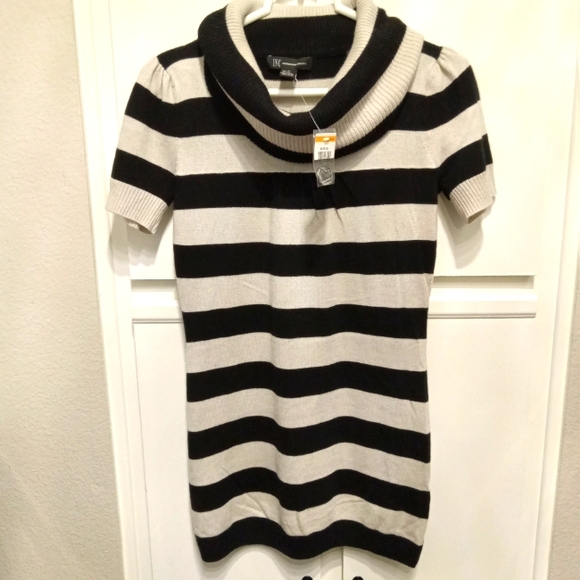 INC International Concepts Sweaters - NEW! International Concepts Black & White Striped Tunic Sweater Cowl Sz Sm NWT